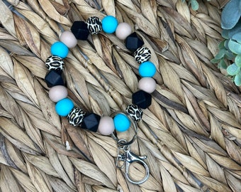 Teal Cheetah Silicone Bead Wristlet, Silicone keyring, Keyring bracelet, Beaded Accessory, Silicone Bead Keychain, Women&#39;s Gifts, Non Slip