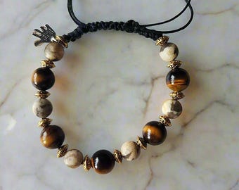 Men's Tiger's Eye Bracelet - Vanilla Brown Feldspar Gemstone Drawstring Jewelry - Adjustable Beaded Cord, Gold Tone Accent Gift for Him