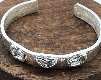 Sterling Silver 925 Heart Cuff Bracelet - Handmade Hammered Textured Silver Bangle - 3 Forged Hearts Multi Texture Adjustable Jewelry Gift