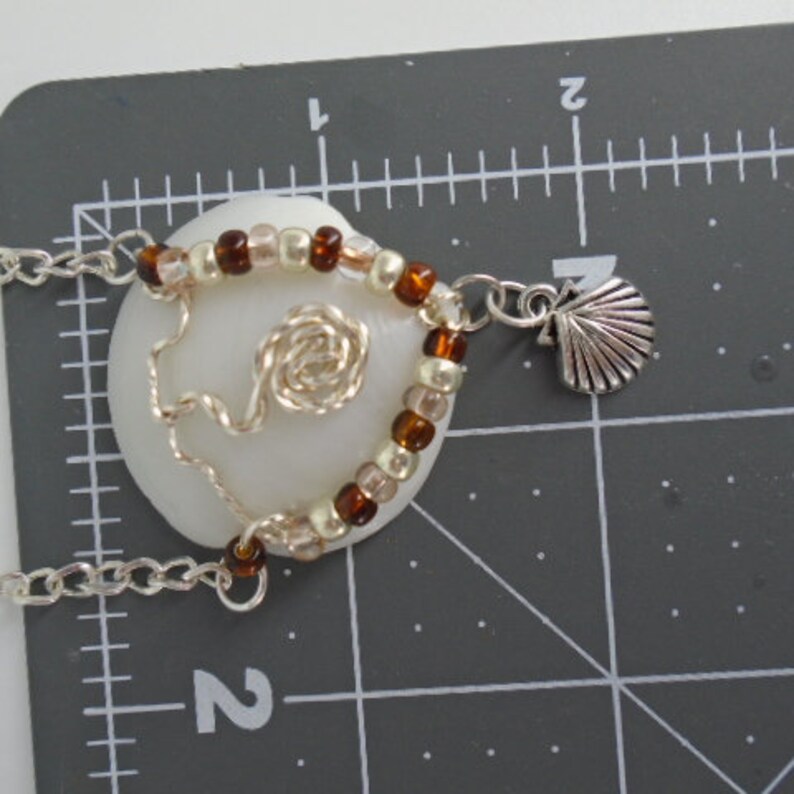White natural Lucina Seashell pendant,silver wire wrapped,multi color glass beads,silver plated plated chain,Boho Style jewelry