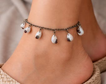 Cowrie Shell Anklet Bracelet, Coastal Boho Shell Jewelry, Beach Anklet Bracelet, Brown Beaded Chain Bracelet, Gift for Her