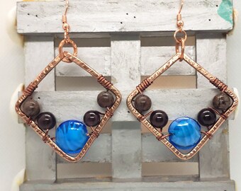 Hammered Diamond Shape Copper Earrings With Blue Lampwork Beads And Brown Jasper