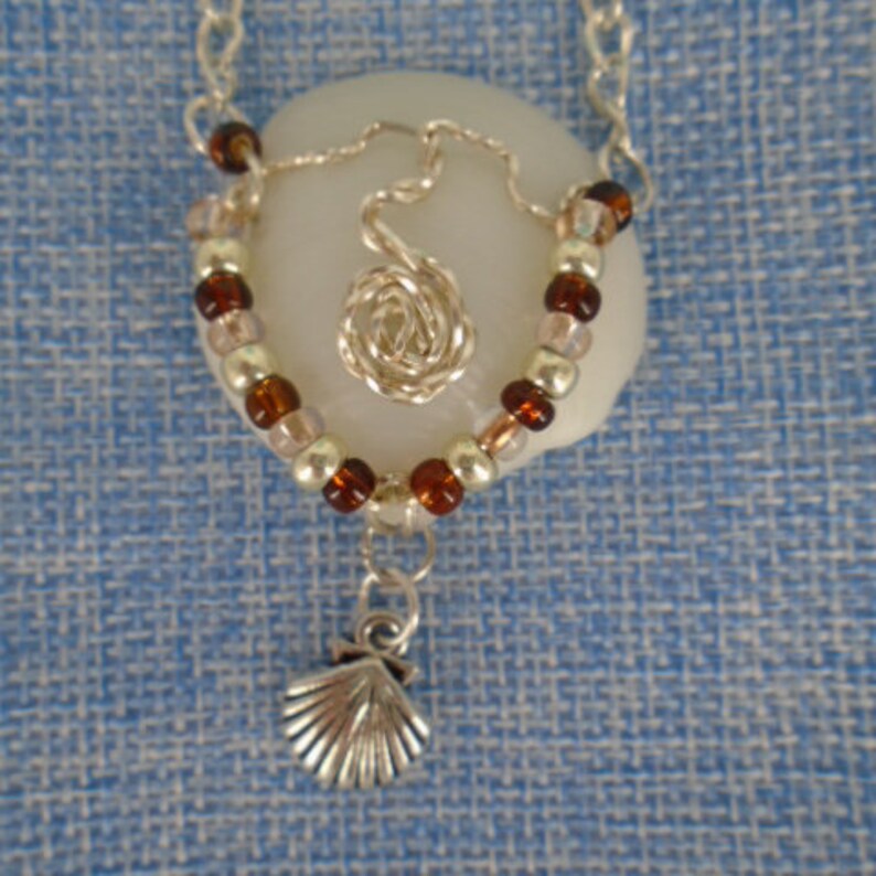 White natural Lucina Seashell pendant,silver wire wrapped,multi color glass beads,silver plated plated chain,Boho Style jewelry