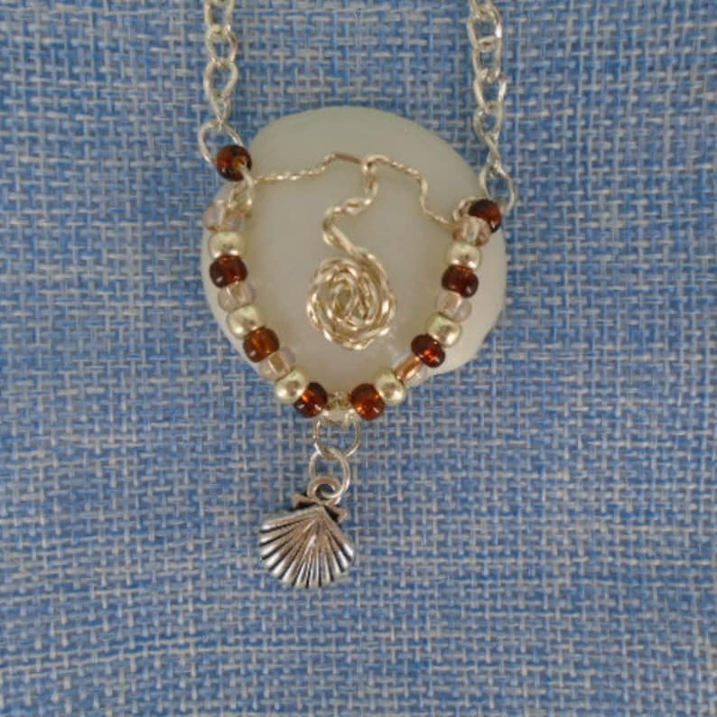 White natural Lucina Seashell pendant,silver wire wrapped,multi color glass beads,silver plated plated chain,Boho Style jewelry