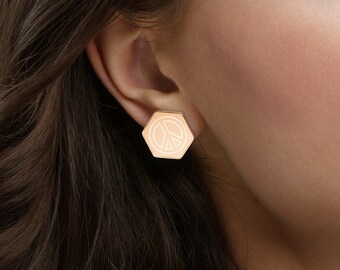 Peace Sign Gold or Rose Gold Sterling Silver Hexagon Stud Earrings