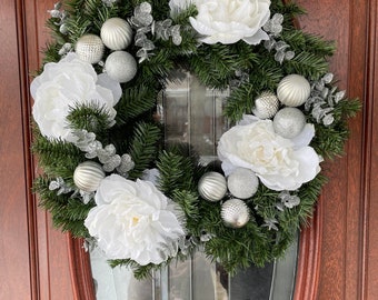 Christmas Silver Peony Wreath