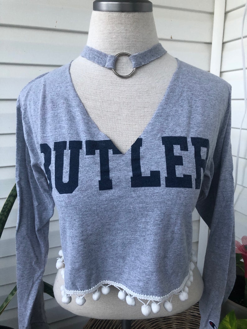 BUTLER Choker Ring V-Neck Long Sleeve w Pom Pom Trim