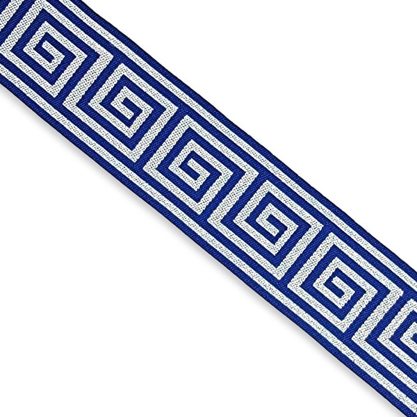 1.25" Jacquard Ribbon - Blue & Metallic Silver Greek Key, Woven Ribbon, Woven Trim, Jacquard Trim — BY THE YARD