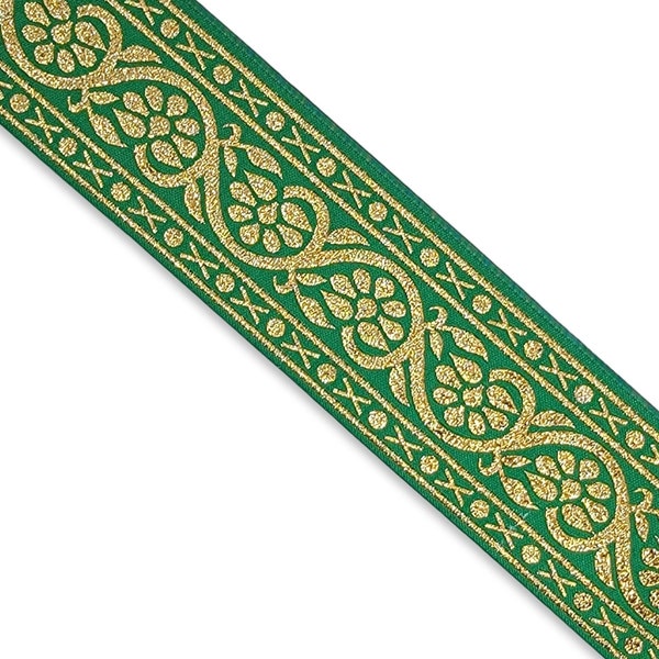 1-11/16 Inch Wide Jacquard Ribbon - Green & Metallic Gold Floral Scroll - Woven Ribbon, Woven Trim, Jacquard Trim