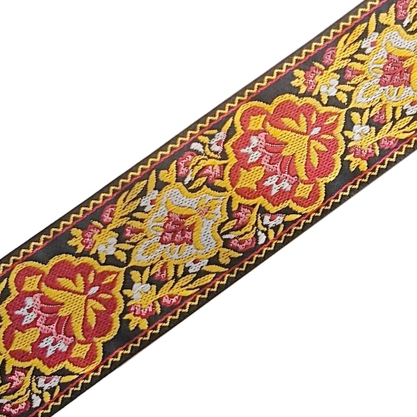 1-9/16 Inch Wide - Woven Jacquard Ribbon - Rust & Old Gold Renaissance Design on Black Background - BY THE YARD