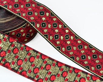 1.5" Jacquard Ribbon - Floral Jacquard in Red & Metallic Gold, Woven Ribbon, Woven Trim, Jacquard Trim