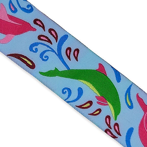 1-1/16 Inches Wide - Woven Jacquard Ribbon - Pink & Green Dolphins on Blue Background - BY THE YARD