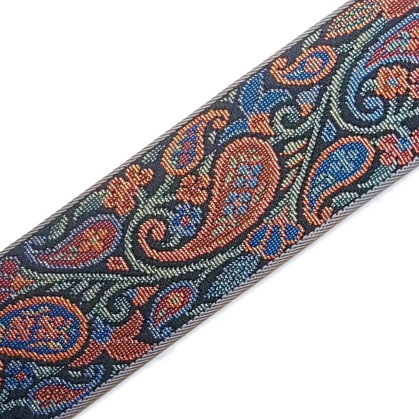 2 Inch Wide - Woven Jacquard Ribbon - Silver Shimmer, Multi-Color Paisley Tapestry on Black Background - BY THE PIECE (1 yard, 4 inches)