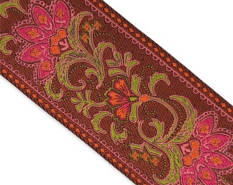 1-7/8 Inches Wide - Woven Jacquard Ribbon - Pink & Green Floral Vines on Brown - BY THE YARD