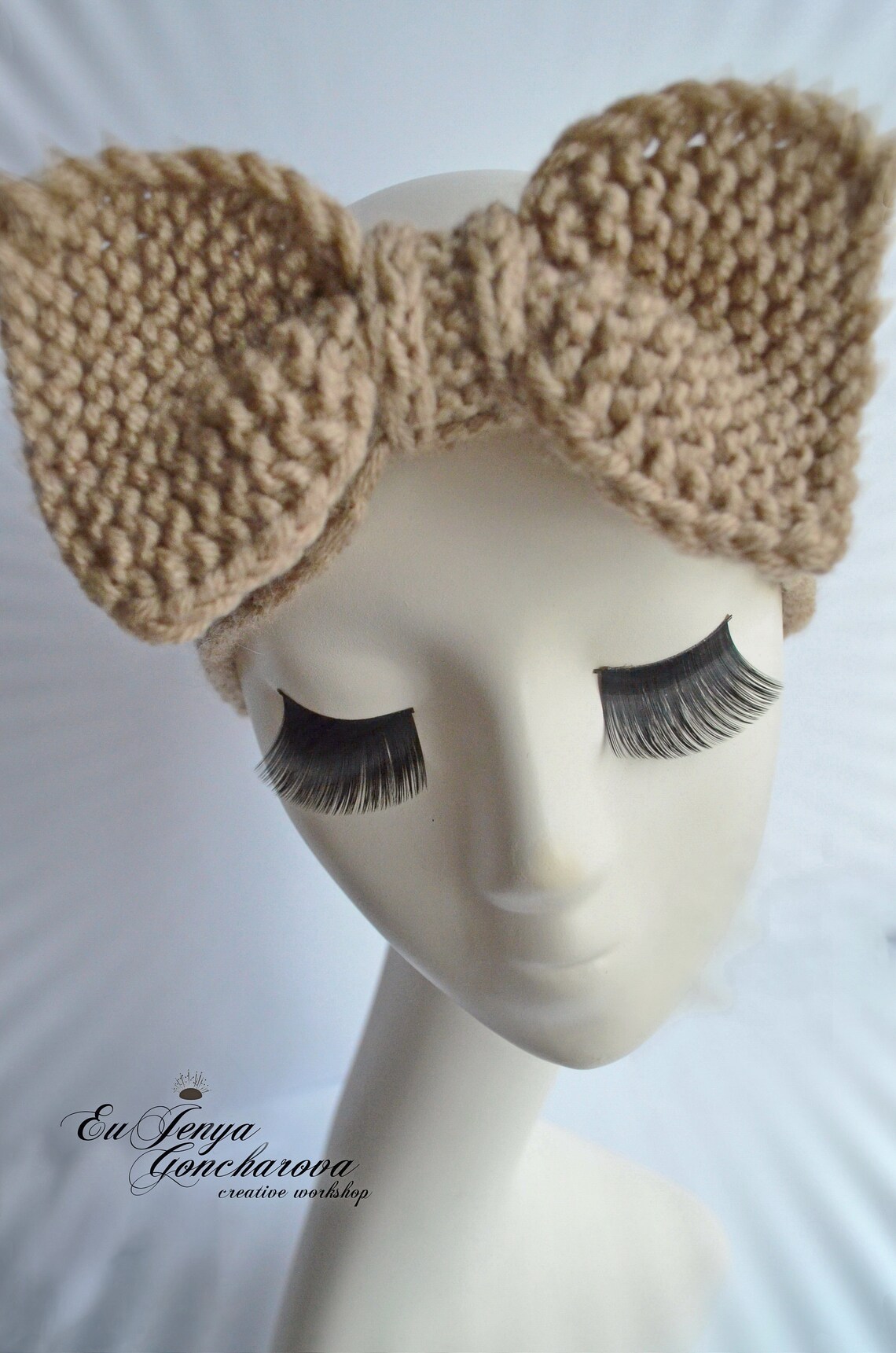 Knit beige headband Women wool big bow headband Adult women Etsy