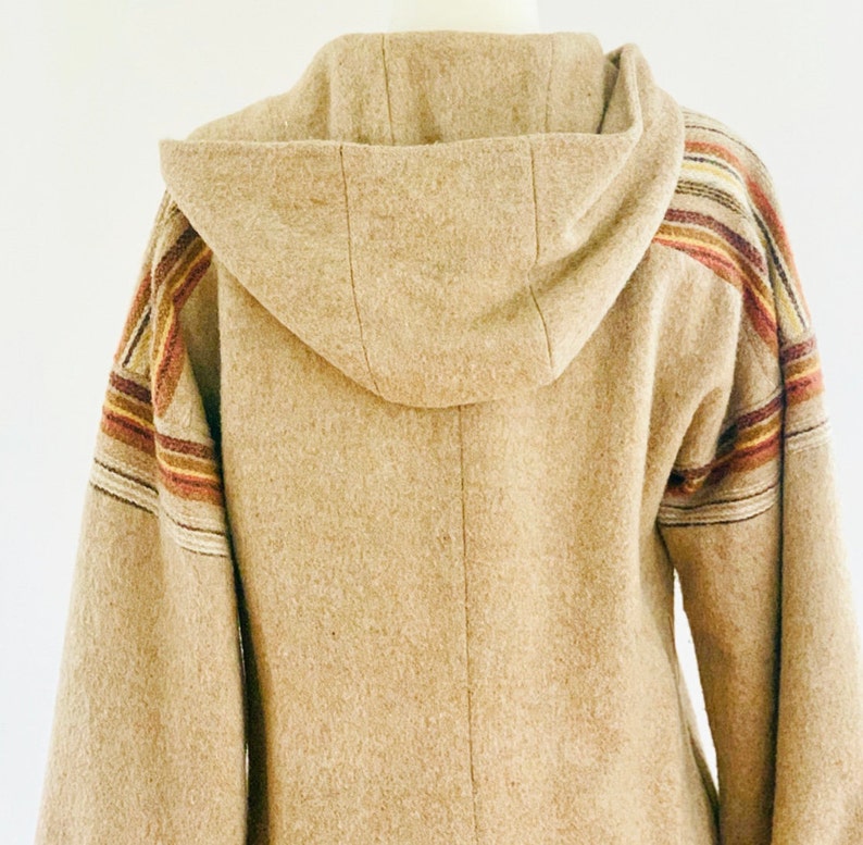 Vintage Camel Hooded Coat with Retro Stripe