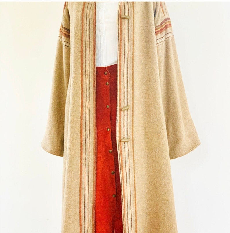 Vintage Camel Hooded Coat with Retro Stripe