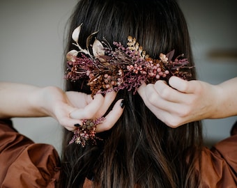 MARIA standard comb | Soft pink/burgundy tones and glittering details / Bridal floral piece for boho wedding / Flower hair vine for bride