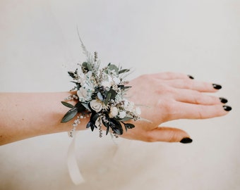 MOSSY bracelet | Wild white-ivory-sage-green-grey tones,preserved eucalyptus bridal bracelet/Brides and bridesmaids floral accessory wedding