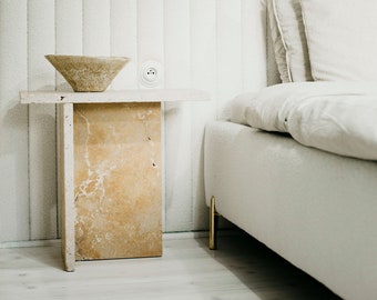 JAZZAL l Stone table / Sandy-orange tones, minimalist natural travertine bedside/sofa-side/livingroom/coffee table