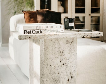 JAZZAL l Stone table / Grey tones, minimalist natural travertine bedside/sofa-side/livingroom/coffee table