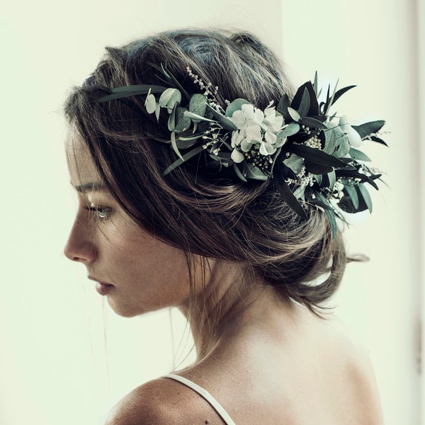 EUCALYPTUS half wreath | Greenery minimalist preserved eucalyptus half wreath / floral crown for a bride / wedding floral boho comb