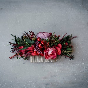 ROSE Red floral burgundy comb / Bridal hair piece for a boho wedding / Flower hair vine for a bride / Wedding floral hair piece image 1