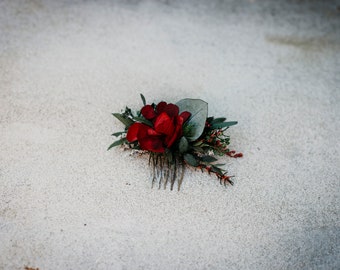 EUCALYPTUS small comb | Minimal floral green red-burgundy preserved eucalyptus/hydrangea / Bridal piece boho wedding / Bride hair vine