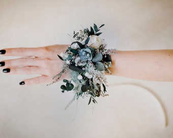 MOSSY bracelet | Wild white-ivory-sage-green-grey tones,preserved eucalyptus bridal bracelet/Brides and bridesmaids floral accessory wedding