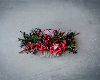 ROSE | Red floral burgundy comb / Bridal hair piece for a boho wedding / Flower hair vine for a bride / Wedding floral hair piece