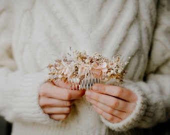 AYLA Kamm | Zarte Rosa-Pfirsich/Beige/Elfenbein-Töne mit konservierten Pflanzen und Blumen / Brautschmuck Boho Hochzeit / Braut Brautjungfern Haarranke