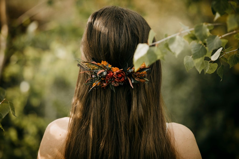 HAYLANA comb Dark burgundy red plum burnt orange black tones with preserved eucalyptus / Bridal piece boho wedding / Bride or bridesmaids zdjęcie 2