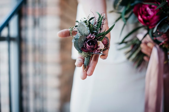 MABELLE Burgundy Groomsmen Buttonhole With Eucalyptus Groom