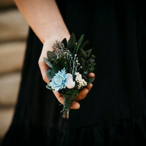 QANA | Blue white ivory groomsmen buttonhole with preserved eucalyptus / Groom wedding boutonniere / Men&#39;s boho corsage