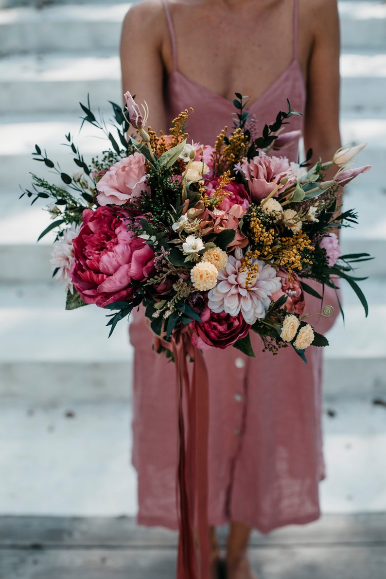 Pink yellow ivory flower bouquet Boho floral wedding greenery bunch for bride Wild bridal bohemian with preserved eucalyptus ZARQA
