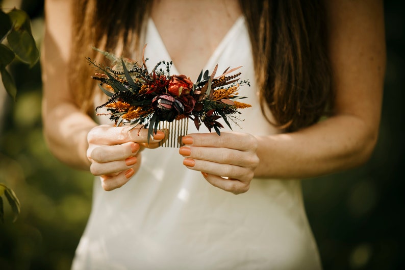 HAYLANA comb Dark burgundy red plum burnt orange black tones with preserved eucalyptus / Bridal piece boho wedding / Bride or bridesmaids zdjęcie 3