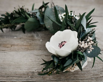 CHIRA | White greenery bridal wreath with eucalyptus / floral crown for a bride / wedding boho wreath with preserved flowers