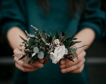 Peigne moyen EUCALYPTUS | Peigne floral d'eucalyptus préservé minimal de verdure-blanc / morceau de cheveux de mariée - mariage boho / vigne de fleur pour la mariée