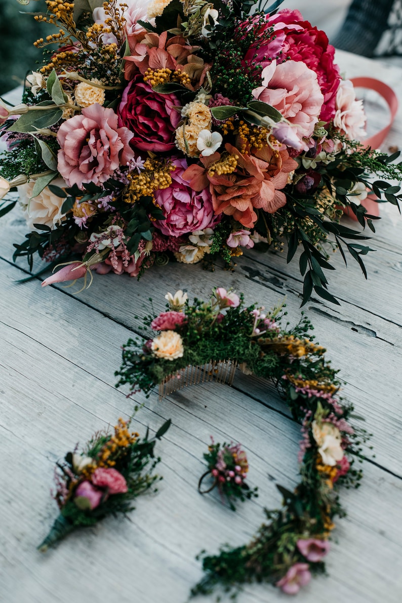 Pink yellow ivory flower bouquet Boho floral wedding greenery bunch for bride Wild bridal bohemian with preserved eucalyptus ZARQA