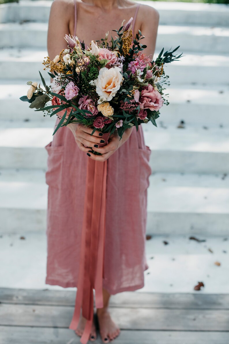 Pink yellow ivory flower bouquet Boho floral wedding greenery bunch for bride Wild bridal bohemian with preserved eucalyptus ZARQA