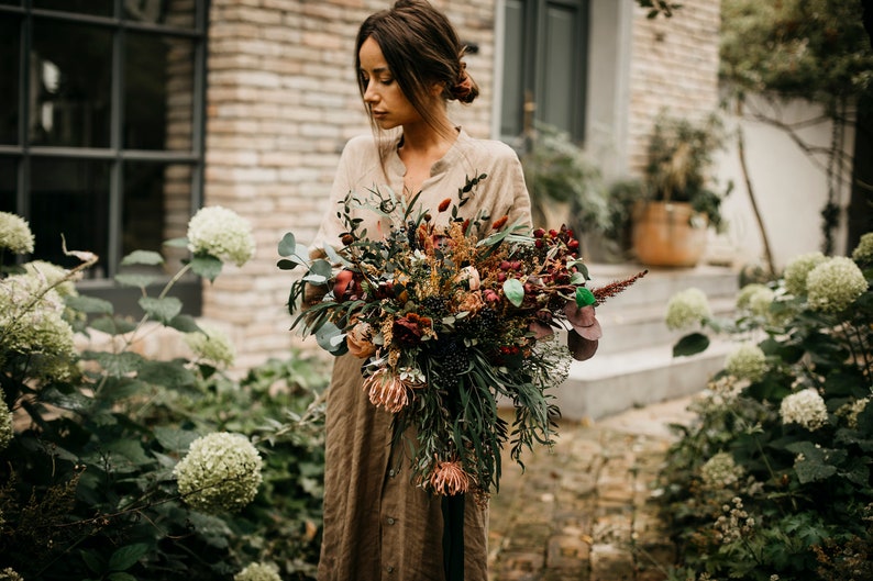 SHERIDIN bouquet Dark greenery, burgundy, dark blue, rust/browns, cream tones / Boho floral minimal bridal bunch bride / Bohemian wedding image 3