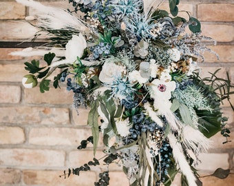 BSABA arch pieces | Wild light blue white ivory greenery wedding arbor decoration / Boho floral minimal arrangement /Flowery bridal bohemian
