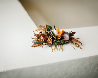 KIRTUA mini comb | Orange burgundy ivory brown tones with preserved eucalyptus / Bridal piece boho wedding / Bride bridesmaids hair vine