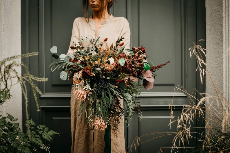 SHERIDIN bouquet Dark greenery, burgundy, dark blue, rust/browns, cream tones / Boho floral minimal bridal bunch bride / Bohemian wedding image 5