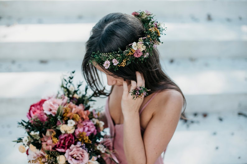 Pink yellow ivory flower bouquet Boho floral wedding greenery bunch for bride Wild bridal bohemian with preserved eucalyptus ZARQA