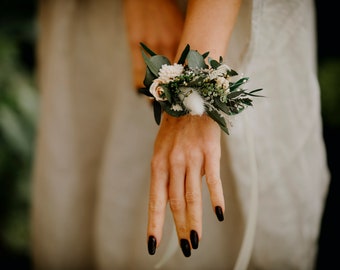 SYREETA bracelet | Wild tans whites champagne greenery toned corsage with preserved eucalyptus / For brides or bridesmaids / Boho wedding
