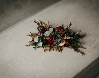 Peineta estándar ZARQA / Peineta marfil amarillo borgoña con eucalipto preservado / Pedazo de novia boho boda / Enredadera de novia o damas de honor