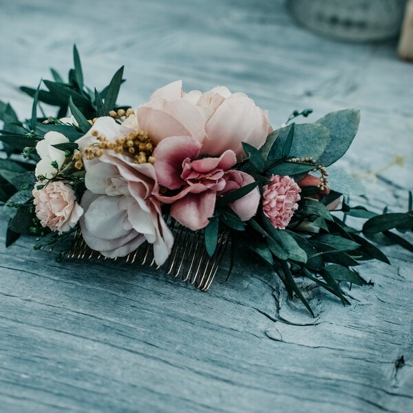VICTORIA | Floral comb with pink-yellow tones with longer greenery / Bridal hair piece for a boho wedding / Flower hair vine for a bride