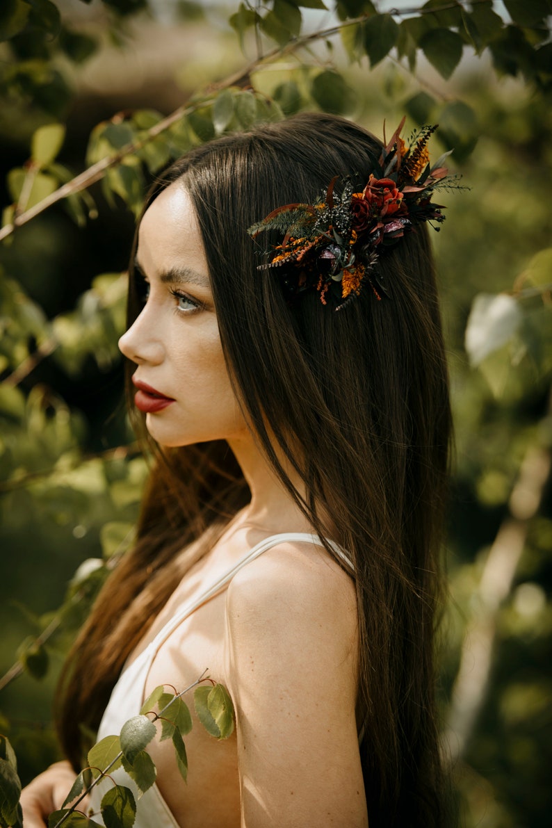 HAYLANA comb Dark burgundy red plum burnt orange black tones with preserved eucalyptus / Bridal piece boho wedding / Bride or bridesmaids zdjęcie 10