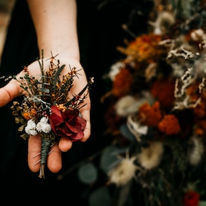 ALMA | Wild orange burgundy ivory brown groomsmen buttonhole with preserved eucalyptus / Groom wedding boutonniere / Men&#39;s boho corsage